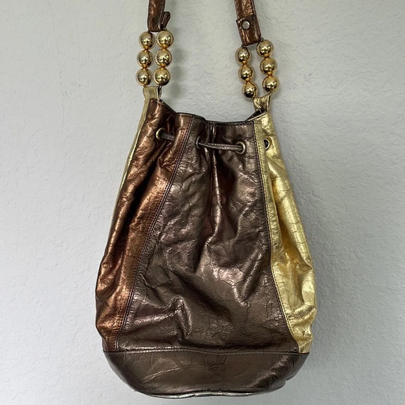 Vintage Metallic Genuine Leather Bucket Crossbody Bag - Picture 5 of 9